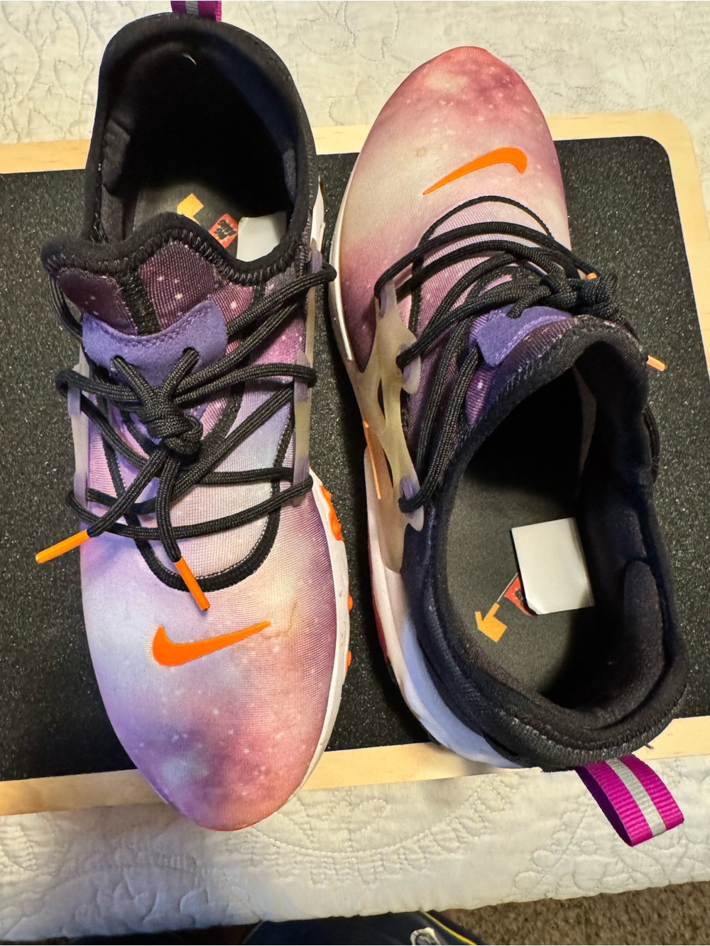 Nike Presto Purple Galaxy Athletic Sneakers with Orange Swoosh